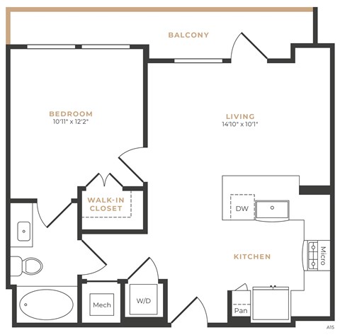 Floor plan for 1 bed, 1 bath, 623 sqft